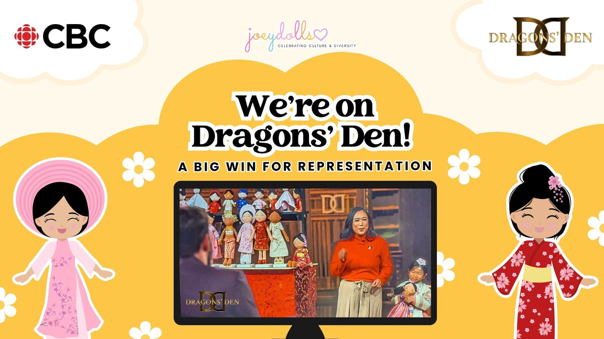 Joeydolls promotional graphic featuring Asian cultural dolls and the announcement of their appearance on Dragons’ Den.