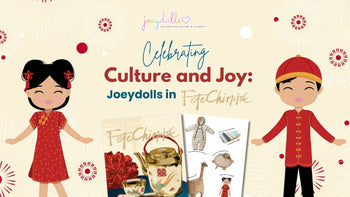 Banner featuring Joeydolls’ feature in Fête Chinoise magazine, titled ‘Celebrating Culture and Joy: Joeydolls in Fête Chinoise.’ The design includes illustrated characters of an Asian girl and boy wearing traditional red outfits.