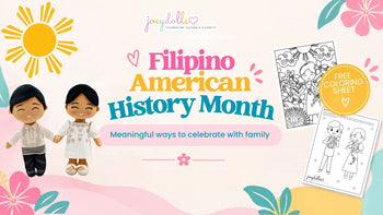 Featured image for Filipino American History Month featuring the Joeydolls Filipino coloring sheet with Malaya and Bayani, celebrating Filipino heritage and family connection.
