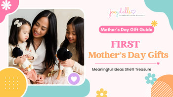 Mother and children holding culturally representative Joeydolls during a first Mother’s Day gift guide feature celebrating family connection and meaningful keepsake gifts