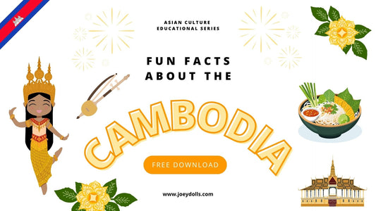 Illustrated educational download cover featuring the title "25 Fun Facts About Cambodia" with a Cambodian girl character and cultural icons like the orchid flower and tro - part of the Asian Culture Educational Series by Joeydolls