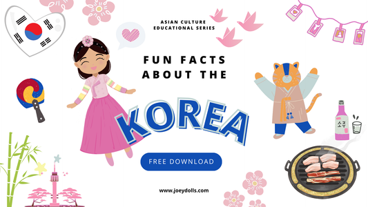 Illustrated poster for Joeydolls’ Asian Culture Educational Series featuring fun facts about Korea. Includes a smiling girl in a pink hanbok, a tiger in traditional clothing, Korean flag, bamboo, Namsan Tower, fan, soju bottle, and more.