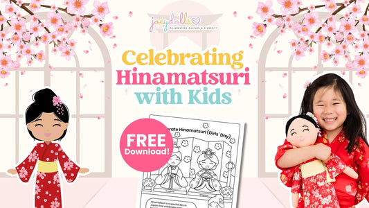 Promotional banner for "Celebrating Hinamatsuri with Kids" featuring cherry blossom illustrations, a cartoon girl in a kimono, and a young girl hugging a Joeydolls plush doll.