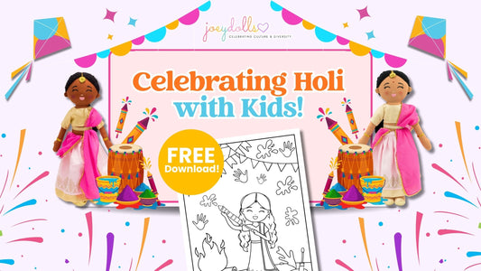 Joeydolls Holi 2026 campaign graphic featuring South Asian cultural dolls, festive Holi decorations, and a free downloadable coloring sheet for kids.
