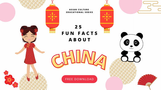 Illustrated educational download cover featuring the title "25 Fun Facts About China" with a Chinese girl character, red lanterns, a panda, and cultural icons like fans and florals - part of the Asian Culture Educational Series by Joeydolls