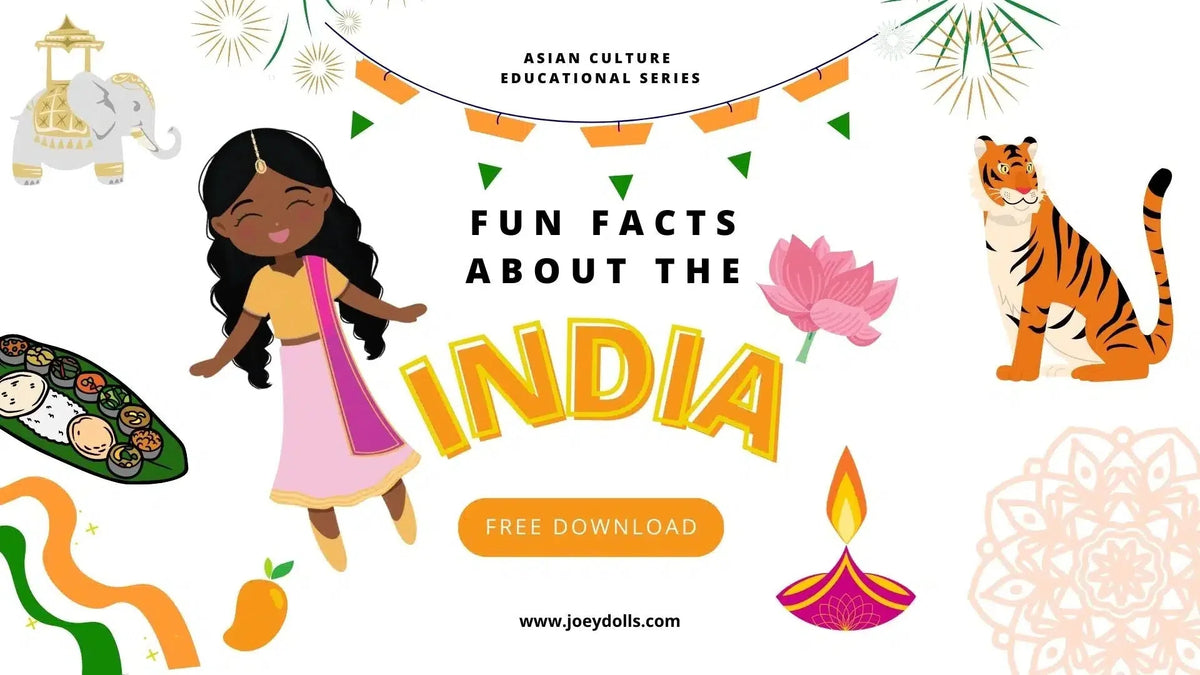 Free educational printable featuring 25 fun facts about India for kids, with colorful illustrations of Indian culture – part of Joeydolls’ Asian Culture Educational Series.