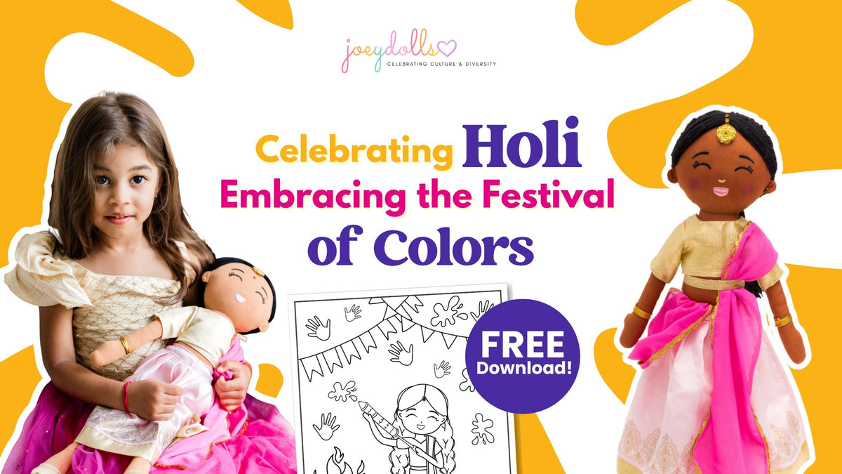 Joeydolls Kamala doll with colorful Holi decorations and colouring sheet.