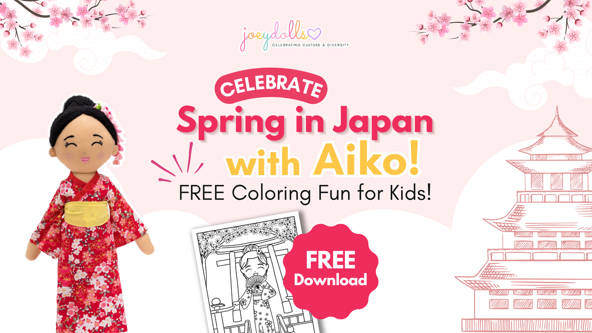 Joeydolls Aiko Japanese doll wearing a red floral kimono promoting free spring in Japan coloring activity for kids. Text reads ‘Celebrate Spring in Japan with Aiko! Free Coloring Fun for Kids!’ with cherry blossoms and Japanese temple illustration.