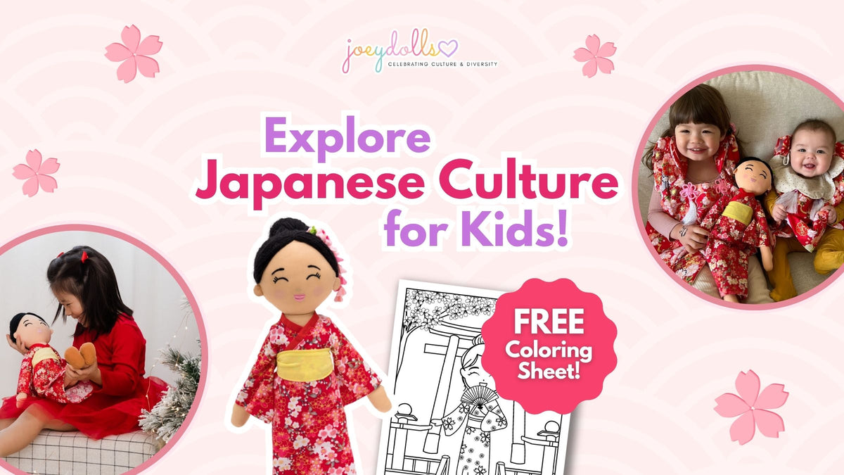 Three young girls smiling while playing with Joeydolls’ Aiko doll dressed in a red kimono, with text 'explore japanese culture for kids' and promoting a free downloadable coloring sheet.