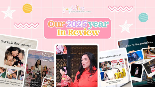 Joeydolls 2025 Year in Review collage showing family moments, cultural dolls, media appearances, and key business milestones.