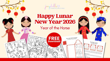 Joeydolls Lunar New Year 2026 header featuring diverse children in traditional dress and a promotion for free downloadable coloring activities and red envelope templates for the Year of the Horse.