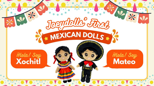 “Colorful banner announcing Joeydolls’ first Mexican dolls, featuring two plush dolls named Xochitl and Mateo dressed in traditional Mexican outfits with festive decorations around them.