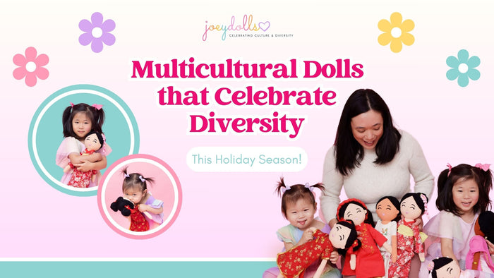 Joeydolls founder with children holding diverse dolls, featuring diverse dolls in cultural outfits with text “Multicultural Dolls that Celebrate Diversity This Holiday Season
