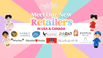 Joeydolls Meet Our New Retailers banner featuring Asian-American dolls in cultural outfits alongside logos of partner stores.