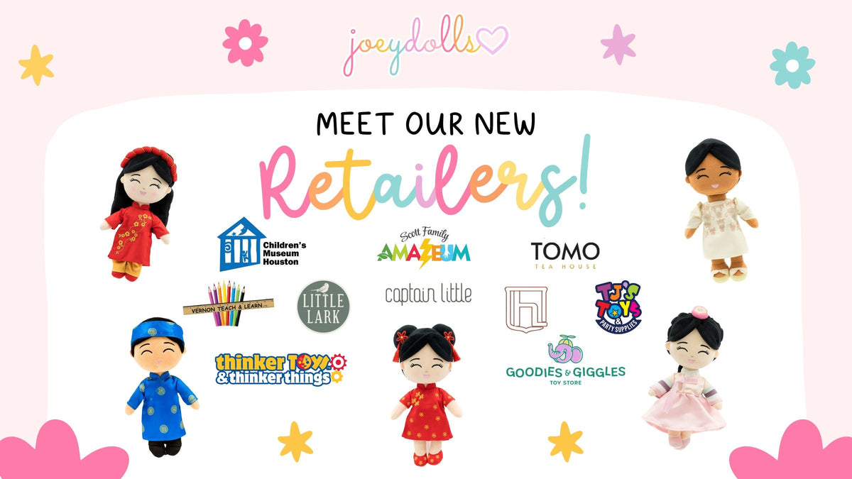 Diverse Asian-American dolls displayed at partner retailers supporting diversity and cultural pride.