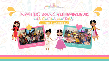 Joeydolls school visit collage featuring NJ classrooms in 2024 and 2025, with multicultural dolls and smiling students showcasing classroom entrepreneurship.