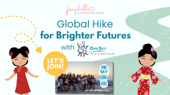 Joeydolls partners with OneSky for the Global Hike 2025. Illustration of two Asian dolls in traditional dresses, with a group photo of hikers and the text ‘Let’s Join!’ and ‘Anyone, Anywhere 2025.
