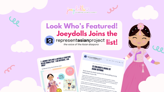 Promotional graphic showing that Joeydolls is featured in the RepresentASIAN Project list, with playful clouds, a smiling illustrated girl in traditional hanbok, and screenshots of the article and Joeydolls bundle.