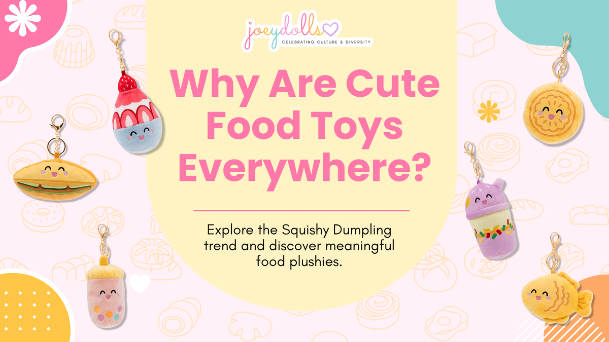 Food Pals cultural food plushies including boba, taiyaki, mooncake, halo-halo, bánh mì, and bingsu.