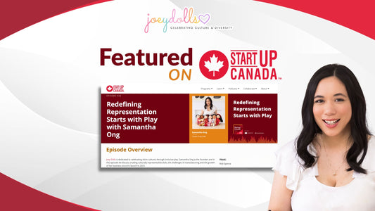 Image of Samantha Ong, founder of Joeydolls, featured on the Startup Canada Podcast episode titled "Redefining Representation Starts with Play," alongside the Joeydolls logo and podcast branding.
