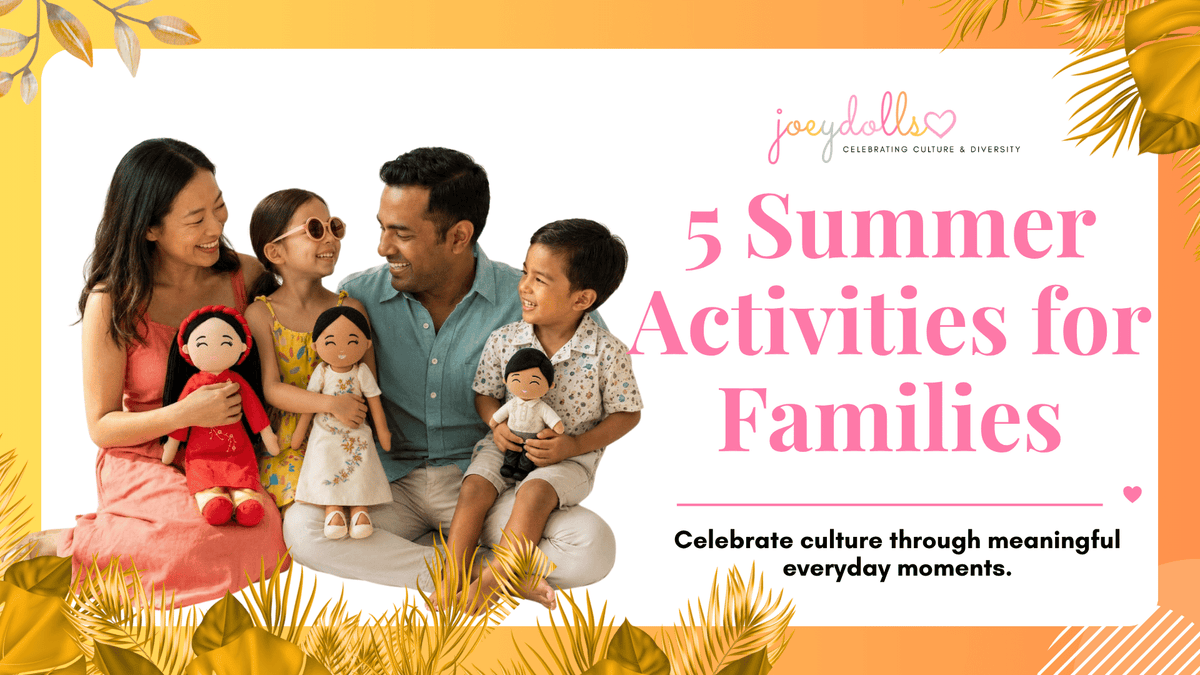 Family enjoying summer activities for families with multicultural dolls