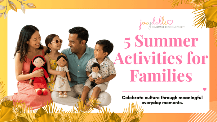 Family enjoying summer activities for families with multicultural dolls