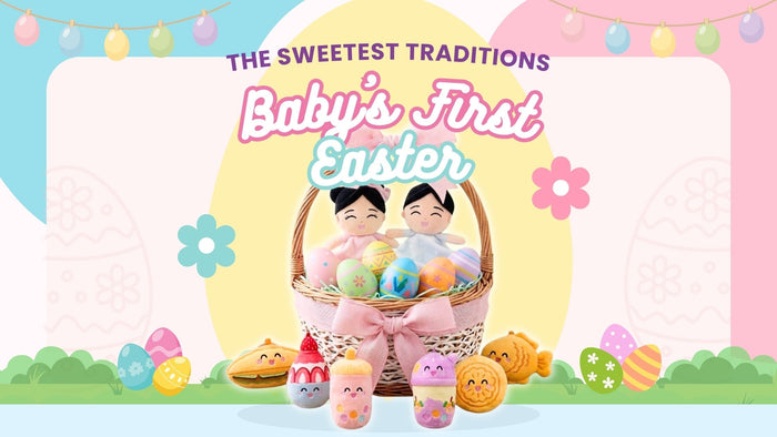 baby’s first Easter graphic with basket, pastel eggs, baby lovey, and plush food toys