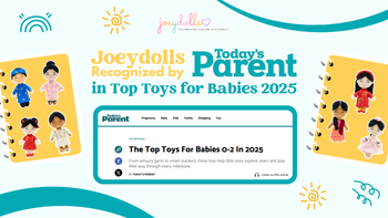 Graphic announcing that Joeydolls has been recognized by Today’s Parent as one of the Top Toys for Babies 2025, featuring illustrations of multicultural soft dolls on both sides and a screenshot of the Today’s Parent article.