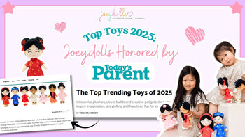 Celebratory Joeydolls graphic announcing that the brand has been honored in Today’s Parent’s ‘Top Toys 2025’. The image includes multiple Joeydolls in cultural outfits, a screenshot of the article, and two young girls smiling while holding Joeydolls.