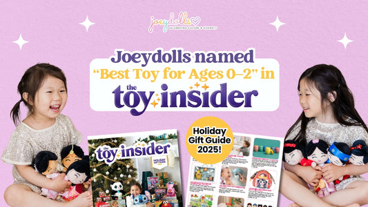 Two young girls smiling while holding Joeydolls plush dolls, with Toy Insider’s 2025 Holiday Gift Guide shown. Text reads “Joeydolls Featured on Toy Insider."