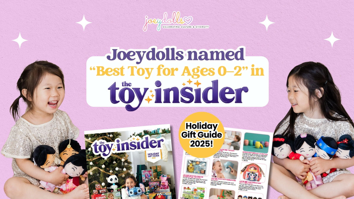 Two young girls smiling while holding Joeydolls plush dolls, with Toy Insider’s 2025 Holiday Gift Guide shown. Text reads “Joeydolls Featured on Toy Insider.