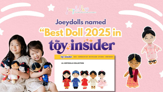 Two young girls smiling and holding Joeydolls plush dolls, with a graphic announcing ‘Joeydolls named Best Doll 2025 in The Toy Insider’ alongside another child hugging a Joeydolls doll. The background is pink with stars and decorative elements.