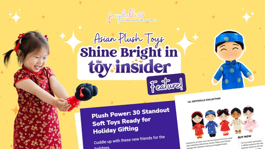 Celebratory graphic showing a young child joyfully holding a Joeydolls plush doll. The text reads ‘Asian Plush Toys Shine Bright in the Toy Insider Feature’ with images of Joeydolls characters and the Toy Insider article preview.