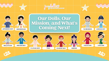 Joeydolls multicultural dolls wearing traditional Asian outfits, holding hands beneath the text “Our Dolls, Our Mission, and What’s Coming Next” celebrating culture and diversity through play.