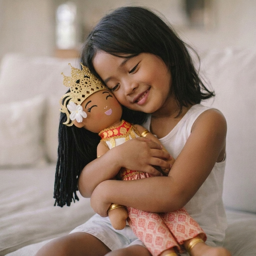 Child hugging Soriya Cambodian cultural doll, showing comfort, connection, and meaningful cultural play

ID: