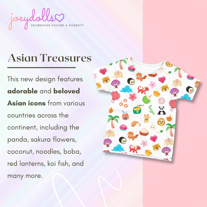 Asian Treasures baby and kids t-shirt design overview showing Asian-inspired icons such as panda, lanterns, flowers, and food elements.