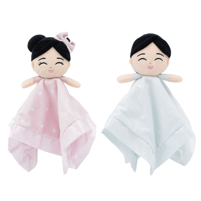 Baby Lovey Bundle featuring two soft security blanket dolls in pink and blue designed for comfort and soothing