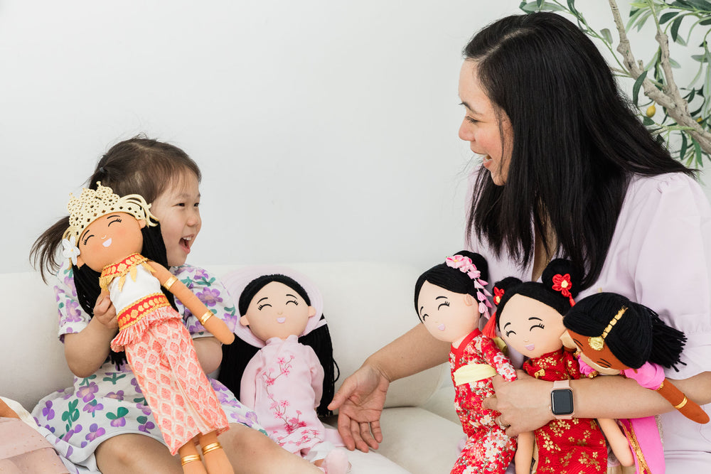 Joeydolls founder Samantha Ong with her daughters and their dolls
