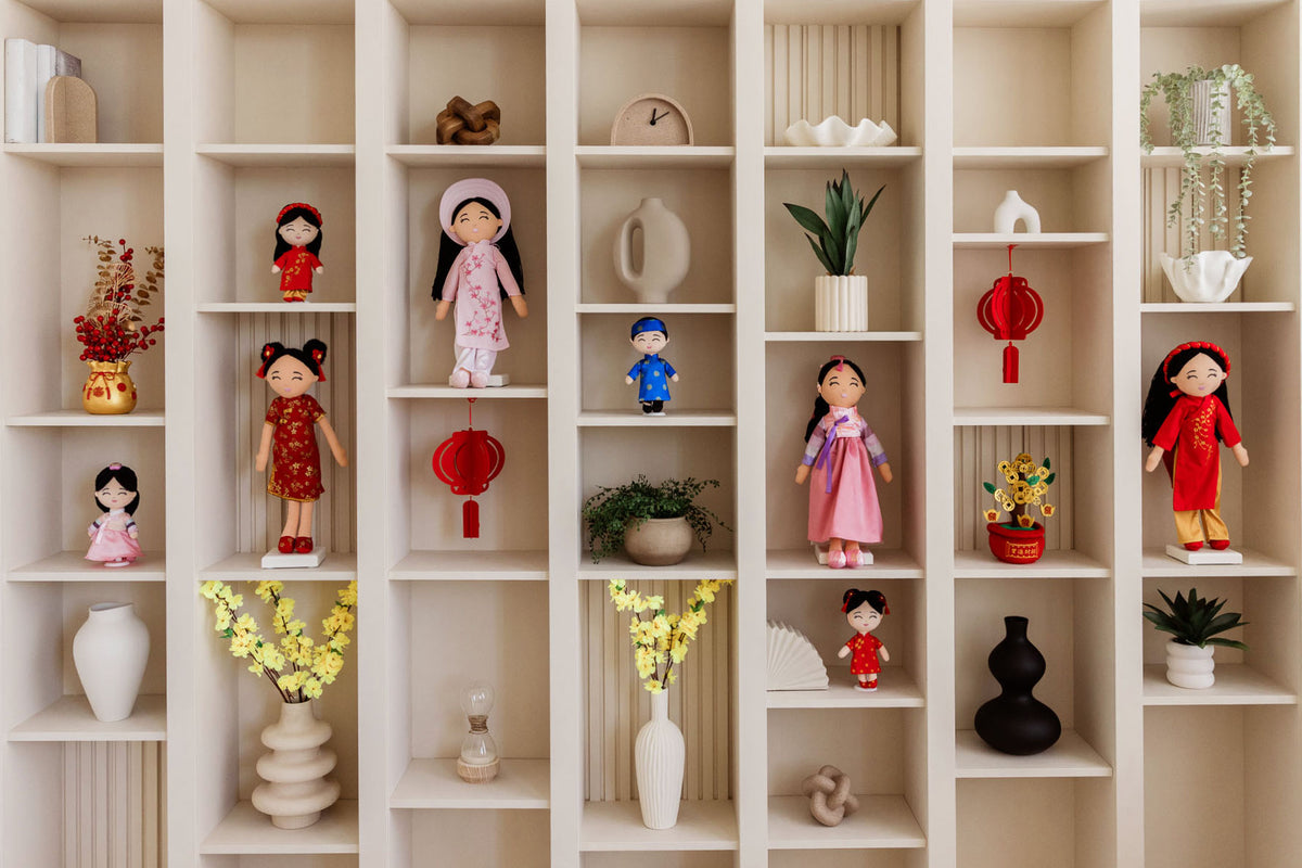 Joeydolls cultural dolls displayed on shelves