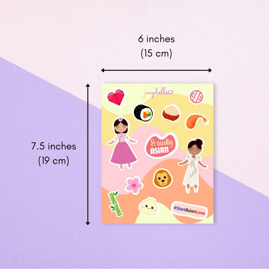 Asian Treasure Icon sticker sheet showing product size dimensions of 6 inches (15 cm) by 7.5 inches (19 cm), with a sample sheet featuring Asian-themed icons and characters, illustrated in a cute and playful style.