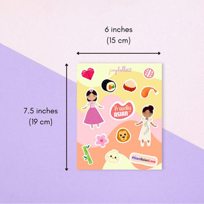 Asian Treasure Icon sticker sheet showing product size dimensions of 6 inches (15 cm) by 7.5 inches (19 cm), with a sample sheet featuring Asian-themed icons and characters, illustrated in a cute and playful style.