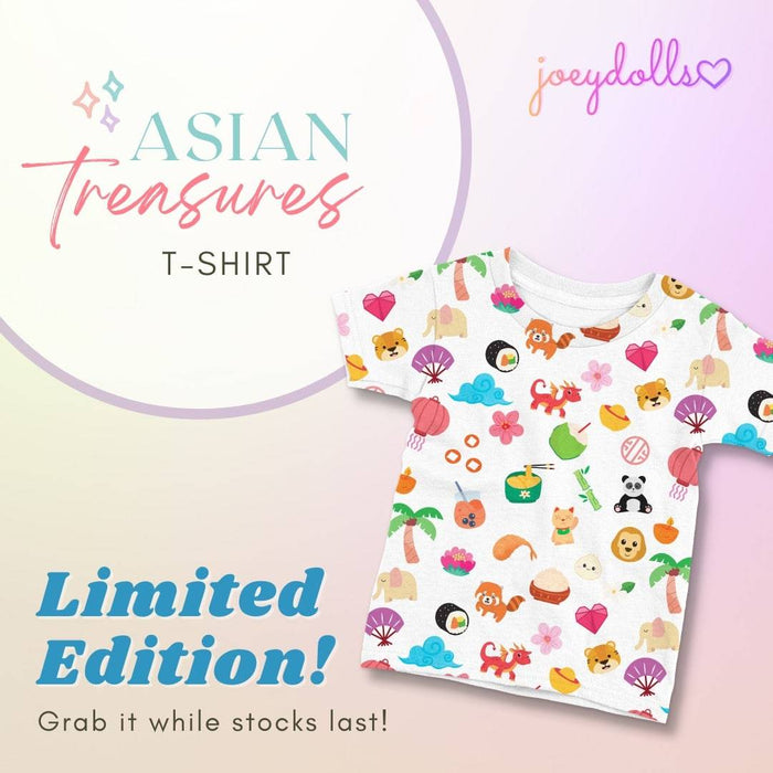 Asian Treasures baby and kids t-shirt promotional image highlighting a colorful icon pattern and limited edition release.