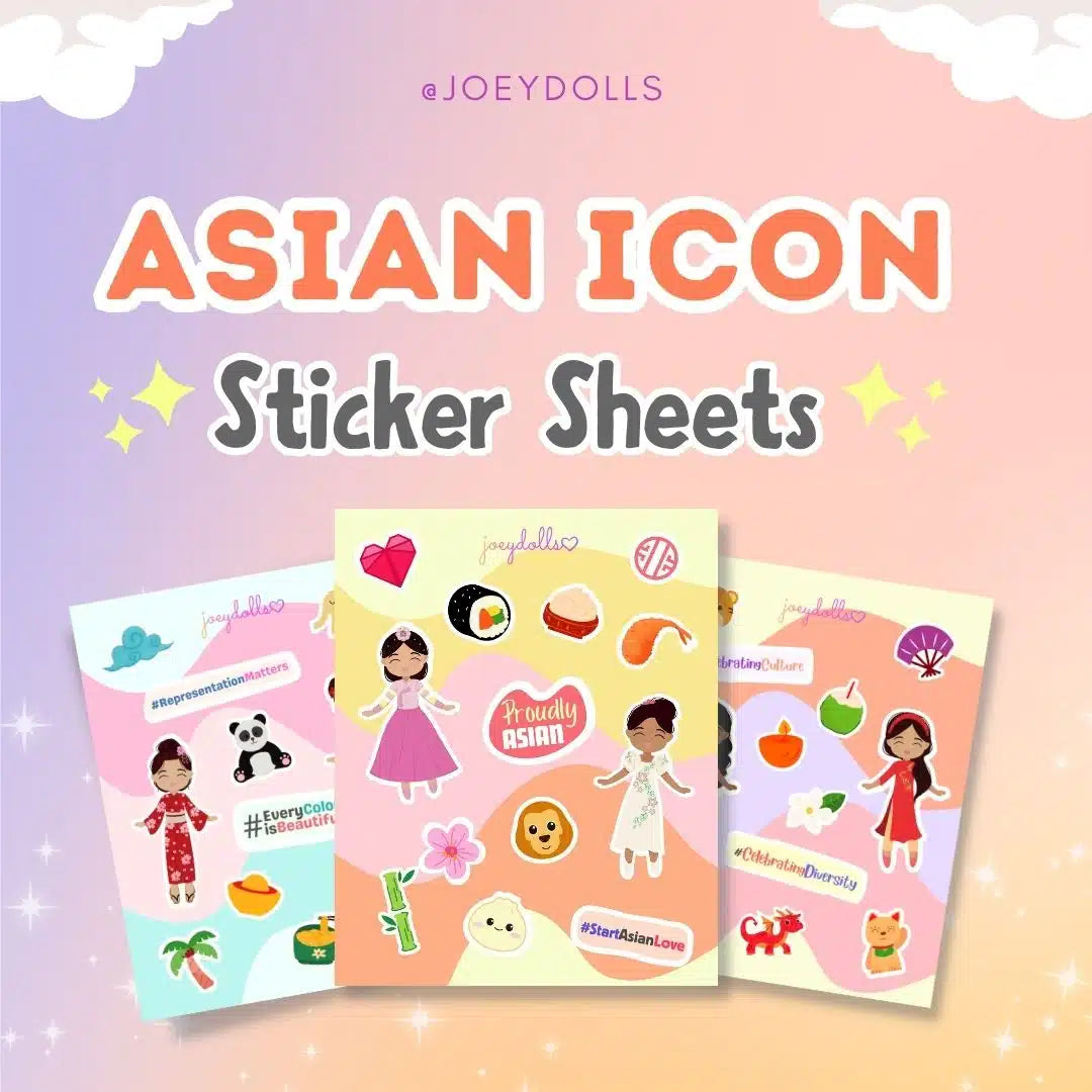 Asian Treasure Icon sticker sheets featuring a variety of Asian-inspired icons such as traditional outfits, food, cultural symbols, animals, and decorative elements, illustrated in a cute and playful style.