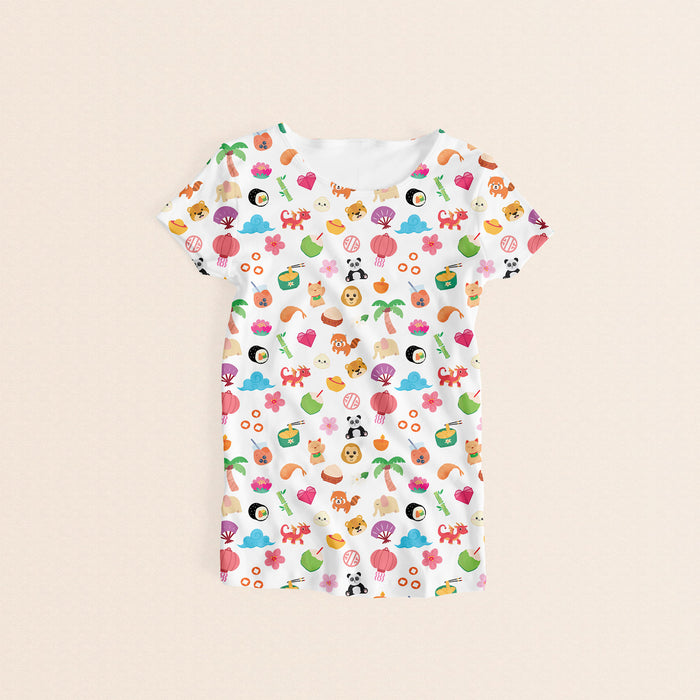 Asian Treasures women’s t-shirt featuring colorful Asian-inspired icons including animals, food, and cultural elements on a white fabric.