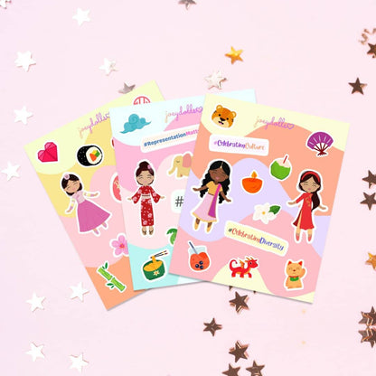 Asian Treasure Icon sticker sheets showing multiple themed sheets featuring girls in traditional Asian outfits alongside icons such as cultural foods, animals, festive decorations, and seasonal elements from different Asian cultures, illustrated in a cute and playful style.