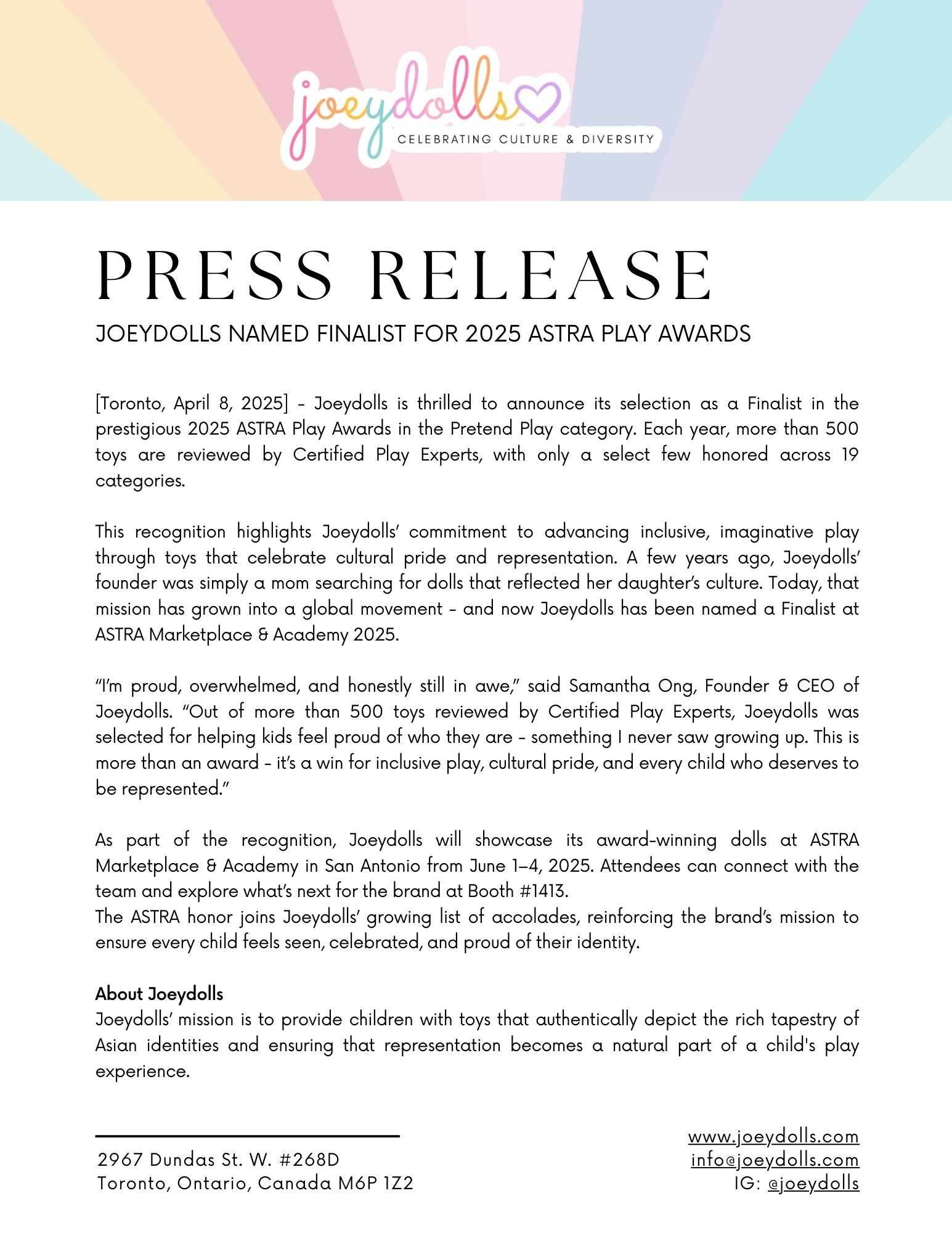 Press release announcing Joeydolls as a finalist for the 2025 Astra Play Awards.