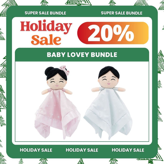 Baby lovey bundle with promotional text on a festive background.