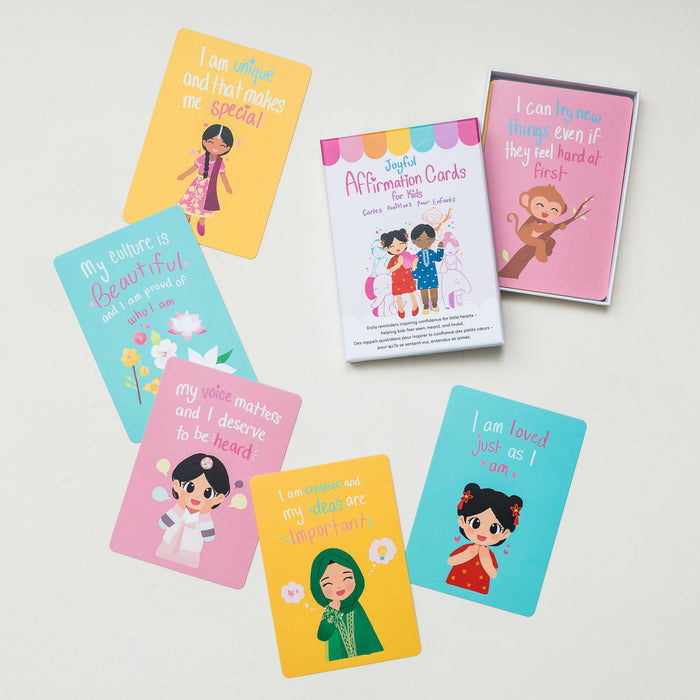 Set of joyful affirmation cards with diverse characters and uplifting messages for kids