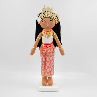 Soriya Cambodian cultural doll wearing a traditional white top, pink sampot, and gold crown.