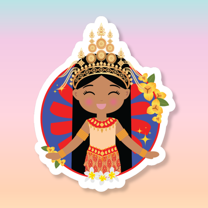 Cambodian Cultural Celebration die-cut sticker featuring a smiling girl with long black hair, wearing a sampot skirt and a regal mokot ksatrey crown, set against a circular red and blue sunburst background adorned with champei and yellow flowers.